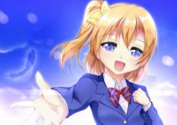 Rule 34 | 1girl, artist name, artist request, blue cardigan, blue eyes, blue feathers, blue jacket, blue sky, blush, bow, bowtie, breasts, cardigan, clenched hand, cloud, collared shirt, feathers, female focus, hair between eyes, hair bow, half-closed eyes, highres, jacket, kosaka honoka, long hair, long sleeves, looking at viewer, love live!, love live! school idol project, night, night sky, orange hair, otonokizaka school uniform, outdoors, parted lips, ponytail, reaching, reaching towards viewer, red bow, school uniform, shirt, side ponytail, sky, small breasts, smile, solo, star (sky), striped, striped bow, upper body, white shirt, yellow bow