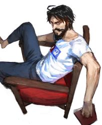 Rule 34 | 1boy, absurdres, armchair, bad id, bad twitter id, barefoot, beard, black hair, blue pants, book, chair, edward teach (fate), edward teach (final ascension) (fate), facial hair, fate/grand order, fate (series), from side, highres, holding, holding book, looking at viewer, male focus, mustache, pants, shirt, short sleeves, solo, treeware, white shirt
