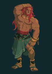 Rule 34 | 1boy, abs, absolum art, absurdres, arm up, armband, bara, bare pectorals, beard, black nails, bracelet, bulge, dark-skinned male, dark skin, facial hair, forehead jewel, full body, ganondorf, hand on own head, highres, jewelry, large pectorals, male focus, manly, muscular, nail polish, navel, nintendo, nipple piercing, nipples, pectorals, piercing, pointy ears, red eyes, red hair, sandals, short hair, skirt, solo, the legend of zelda, the legend of zelda: breath of the wild, the legend of zelda: tears of the kingdom, thick thighs, thighs, topless male