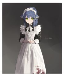 Rule 34 | 1girl, alternate costume, animal ear fluff, animal ears, apron, arknights, black dress, blood, blood on face, blue hair, border, bow, bowtie, cat ears, closed mouth, cowboy shot, dress, enmaided, expressionless, gradient background, green eyes, grey background, highres, jessica (arknights), long sleeves, looking at viewer, maid, ponytail, shinnasuka025, short hair, short ponytail, solo, white apron, white border, white bow, white bowtie