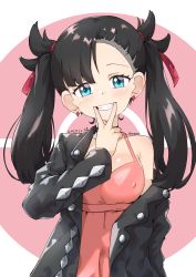 Rule 34 | 1girl, absurdres, aqua eyes, artist name, asymmetrical bangs, asymmetrical hair, bare shoulders, black hair, black jacket, blush, breasts, choker, commentary, creatures (company), dated, dress, earrings, finger in own mouth, fingersmile, game freak, grin, hair ribbon, highres, jacket, jewelry, long sleeves, looking at viewer, marnie (pokemon), medium breasts, nintendo, off-shoulder jacket, off shoulder, open clothes, pink dress, pokemon, pokemon swsh, red ribbon, ribbon, simple background, smile, solo, twintails, wweed