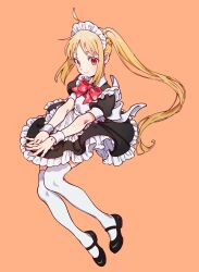 Rule 34 | 1girl, ahoge, alternate costume, apron, black dress, black footwear, blonde hair, bocchi the rock!, bomhat, bow, bowtie, braid, closed mouth, commentary, dress, enmaided, eyelashes, frills, full body, highres, ijichi nijika, long hair, maid, maid headdress, orange background, polka dot bowtie, red bow, red bowtie, red eyes, shoes, side ponytail, simple background, smile, solo, symbol-only commentary, thighhighs, white apron, white thighhighs, wrist cuffs