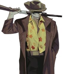 Rule 34 | 1boy, absurdres, arm up, black pants, blonde hair, blue eyes, brown coat, brown hat, chinese commentary, coat, collared coat, collared shirt, commentary request, cowboy shot, facial hair, floral print, glasses, goatee stubble, grin, gun, hand in pocket, hat, highres, holding, holding gun, holding weapon, long sleeves, male focus, original, over shoulder, pants, partially shaded face, rifle, sharp teeth, shirt, simple background, smile, solo, standing, stubble, teeth, weapon, weapon over shoulder, white background, yellow shirt, yulei yuuuuu
