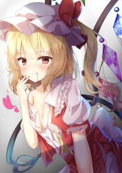 Rule 34 | 1girl, :q, bare shoulders, blonde hair, blood, blood on face, blush, closed mouth, collarbone, commentary request, crystal, fingernails, flandre scarlet, hat, heart, looking at viewer, madotsukumo, mob cap, nail polish, off-shoulder shirt, off shoulder, puffy short sleeves, puffy sleeves, red eyes, red nails, shirt, short hair, short sleeves, side ponytail, smile, solo, tongue, tongue out, touhou, white hat, wings