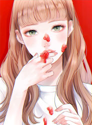 Rule 34 | 1girl, black eyes, blunt bangs, brown hair, food, food on clothes, food on face, fruit, hand up, highres, licking, licking finger, lipstick, long hair, looking at viewer, makeup, original, parted lips, red background, red lips, redrawn, shirt, simple background, solo, strawberry, tsunko (9v2 q), unmoving pattern, upper body, white shirt