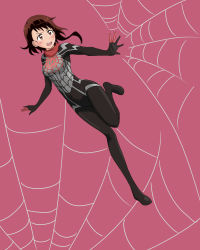 Rule 34 | 1girl, absurdres, acw, artist request, blush, bodysuit, breasts, brown eyes, brown hair, commentary request, cosplay, fingerless gloves, full body, gloves, highres, marvel, nisekoi, onodera kosaki, red scarf, scarf, short hair, silk, silk (marvel), silk (marvel) (cosplay), solo, spider-man (series), spider web, spider web print, superhero costume