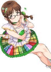 Rule 34 | 1girl, akizuki ritsuko, black-framed eyewear, bow, braid, braided ponytail, breasts, brown eyes, brown hair, choker, circle skirt, cleavage, closed mouth, crossed legs, frilled skirt, frills, glasses, hair bow, hair ornament, hair over shoulder, highres, idolmaster, idolmaster (classic), invisible chair, jewelry, long hair, looking at viewer, medium breasts, miniskirt, multicolored clothes, multicolored skirt, necklace, ponytail, simple background, single braid, sitting, skirt, smile, solo, striped bow, striped clothes, striped skirt, tsurui, white background