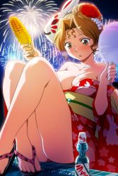 Rule 34 | 1girl, :o, bare shoulders, blush, bottle, breasts, brown eyes, brown hair, corn, corn cob, cotton candy, crossed ankles, feet, fireworks, flower, grilled corn, hair flower, hair ornament, hayasaka akira, japanese clothes, kimono, knees up, large breasts, long sleeves, looking down, mask, mask on head, night, non-web source, obi, off shoulder, official art, outdoors, photoshop (medium), rabbit mask, ramune, red kimono, sandals, sash, sitting, soda, soda bottle, solo, super real mahjong, tanaka ryou, toes, updo, wide sleeves