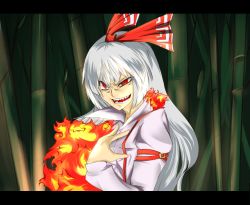 Rule 34 | 1girl, bamboo, bamboo forest, bow, crazy, crazy eyes, female focus, fire, forest, fujiwara no mokou, grey hair, grin, hair bow, hair ribbon, hand on another&#039;s chest, hand on own chest, letterboxed, long sleeves, nature, open mouth, red eyes, ribbon, sagara1990, smile, solo, touhou