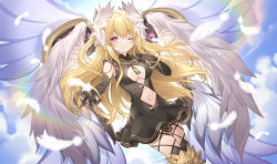 Rule 34 | 1girl, angel wings, blonde hair, blush, breasts, cleavage, cleavage cutout, clothing cutout, cloud, cloudy sky, commentary request, cowboy shot, date a live, day, dress, falling feathers, feather hair ornament, feathers, hair ornament, hair wings, head wings, looking at viewer, mayuri (date a live), medium breasts, navel, navel cutout, one eye closed, outdoors, pink eyes, rie (reverie), sky, solo, wings