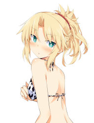 Rule 34 | 1girl, :o, alternate costume, back, bare shoulders, bikini, black bikini, blonde hair, blush, braid, breasts, chata maru (irori sabou), commentary request, fate/apocrypha, fate (series), from side, hair between eyes, hair ornament, highres, looking at viewer, looking to the side, mordred (fate), mordred (fate/apocrypha), ponytail, red scrunchie, scrunchie, simple background, solo, swimsuit, upper body, white background, white bikini