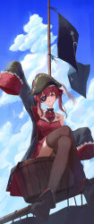 Rule 34 | 1girl, absurdres, bare shoulders, bicorne, black coat, blue sky, brown thighhighs, cleavage, cloud, coat, commentary, expressionless, eyepatch, flag, flagpole, full body, gnns, hat, highres, hololive, houshou marine, jacket, looking at viewer, open clothes, open coat, outdoors, parted lips, pirate, pirate hat, pleated skirt, red eyes, red hair, red jacket, red skirt, see-through, see-through cleavage, shoes, sitting, skirt, sky, sleeveless, sleeveless jacket, sleeves past fingers, sleeves past wrists, solo, thighhighs, twintails, virtual youtuber