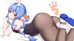 Rule 34 | 1girl, animal ear fluff, animal ears, ankle garter, ass, back, backless leotard, bare arms, bare shoulders, black leotard, black pantyhose, blue hair, blush, braid, breasts, bridal garter, carrot hair ornament, food-themed hair ornament, hair between eyes, hair ornament, hashira 14, highres, hololive, leotard, long hair, looking at viewer, lying, multicolored hair, on stomach, pantyhose, playboy bunny, rabbit-shaped pupils, rabbit ears, rabbit girl, rabbit tail, red eyes, short eyebrows, small breasts, solo, strapless, strapless leotard, symbol-shaped pupils, tail, thick eyebrows, thighs, top-down bottom-up, twin braids, twintails, two-tone hair, usada pekora, usada pekora (1st costume), virtual youtuber, white footwear, white hair