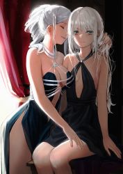 Rule 34 | 2girls, absurdres, ak-12 (girls&#039; frontline), ak-12 (quiet azure) (girls&#039; frontline), an-94 (girls&#039; frontline), an-94 (silent rouge) (girls&#039; frontline), arm support, bare shoulders, black dress, blue dress, blue eyes, breasts, cleavage, cleavage cutout, closed eyes, clothing cutout, curtains, dress, evening gown, girls&#039; frontline, hair up, halterneck, highres, kir (khw66136132), large breasts, long hair, looking at viewer, multiple girls, official alternate costume, platinum blonde hair, side slit, silver hair, sitting, small breasts, standing, thighs, yuri