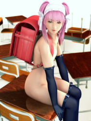 Rule 34 | 1girl, 3d, backpack, bag, belt, black thighhighs, clear (character), flat chest, gloves, green eyes, incise soul, long hair, looking at viewer, m-rs, nude, pink hair, randoseru, ribbon, school, solo, thighhighs