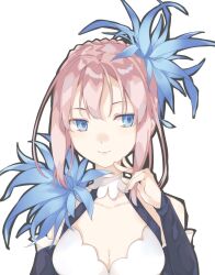 Rule 34 | 1girl, blue eyes, braid, breasts, cleavage, closed mouth, collarbone, crown braid, halterneck, hand up, highres, long hair, looking to the side, medium breasts, pink hair, shionne (tales), simple background, smile, solo, tales of (series), tales of arise, upper body, virno, white background