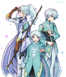 Rule 34 | 10s, 3boys, age progression, bad id, bad pixiv id, bishounen, blue hair, blush, cape, circlet, dash10, long hair, male focus, md5 mismatch, mikleo (tales), multicolored hair, multiple boys, multiple persona, official alternate costume, one eye closed, open mouth, ponytail, purple eyes, short hair, smile, staff, tales of (series), tales of zestiria, v, white hair