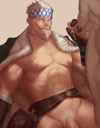 Rule 34 | 2boys, abs, bara, bare pectorals, beard, censored, completely nude, erection, facial hair, flaccid, granblue fantasy, headband, highres, imminent fellatio, jacket, jacket on shoulders, large pectorals, male focus, male pubic hair, mature male, mosaic censoring, multiple boys, muscular, muscular male, mustache, nipples, nude, official alternate costume, old, old man, pectorals, penis, penis grab, precum, pubic hair, ryker, scar, scar on chest, short hair, solo focus, soriz, stomach, veins, veiny penis, white hair, yaoi