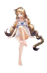 Rule 34 | 1girl, :d, alternate costume, animal ears, arknights, arm support, bare arms, bare legs, bare shoulders, barefoot, brown hair, chemise, convenient leg, drill hair, drill sidelocks, fang, green eyes, heijiaobingjiling, jewelry, long hair, looking at viewer, no headwear, open mouth, ring, sidelocks, sitting, smile, solo, spaghetti strap, swire (arknights), tail, tail ornament, tail ring, thighs, tiger ears, tiger tail, transparent background, very long hair