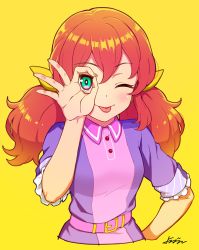 Rule 34 | 1girl, :p, aikatsu! (series), aikatsu friends!, asuka mirai (aikatsu friends!), belt, blush, dress, green eyes, hand on own hip, looking at viewer, ok sign, ok sign over eye, one eye closed, pink belt, purple dress, red hair, simple background, smile, solo, tongue, tongue out, twintails, upper body, yellow background, yoban