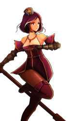 Rule 34 | 1girl, absurdres, black hair, cowboy shot, cross, dress, dungeon and fighter, female focus, female priest (dungeon and fighter), gauntlets, hat, highres, pantyhose, picasso-goh, purple eyes, running, short hair, simple background, solo, white background