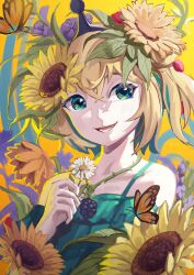 Rule 34 | absurdres, amano pikamee, black hairband, blonde hair, bug, butterfly, colored inner hair, dress, flower, flower request, food, fruit, green dress, green eyes, green hair, hair flower, hair ornament, hairband, highres, holding, holding flower, insect, khoaphan96, leaf, looking at viewer, multicolored hair, parted lips, raspberry, solo, sunflower, two-tone hair, two side up, upper body, virtual youtuber, voms, yellow background, yellow theme