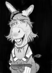 Rule 34 | 1boy, absurdres, animal ears, beret, black background, bow, bowtie, breasts, chef hat, commentary, cosplay, donkey, donkey (shrek), donkey ears, donkey tail, english commentary, fusion, greyscale, grin, hat, highres, hololive, hololive english, large breasts, long hair, looking at viewer, monochrome, off-shoulder shirt, off shoulder, ribbon, shirt, shrek (series), simple background, sketch, smile, solo, takanashi kiara, takanashi kiara (cosplay), upper body, virtual youtuber, xyanaid