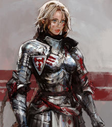 Rule 34 | 1girl, armor, blonde hair, blood, blood on face, blue eyes, boobplate, breastplate, chocofing r, closed mouth, commentary, facial mark, gauntlets, grey background, hair between eyes, lips, looking away, original, plate armor, pointy ears, shoulder armor, simple background, solo, standing, symbol-only commentary, upper body
