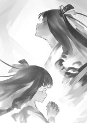 Rule 34 | 2girls, absurdres, closed eyes, closed mouth, cropped shoulders, floating hair, from side, greyscale, hair ribbon, hands up, highres, kotonoha akane, kotonoha aoi, light smile, long hair, low-tied sidelocks, monochrome, multiple girls, no lineart, own hands clasped, own hands together, profile, ribbon, siblings, simple background, sisters, toriatamastudio, voiceroid