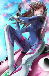 Rule 34 | 1girl, blue sky, bodysuit, branch, breasts, brown eyes, brown hair, charm (object), cherry blossoms, d.va (overwatch), day, facial mark, finger on trigger, gloves, gun, handgun, headphones, holding, holding weapon, leg up, long hair, looking at viewer, mecha, medium breasts, meka (overwatch), open mouth, outdoors, overwatch, overwatch 1, pilot suit, pistol, robot, sitting, sitting on object, skin tight, sky, smile, solo, swept bangs, terabytes, weapon, whisker markings, white gloves