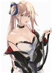 Rule 34 | 1girl, black choker, black jacket, blonde hair, blue eyes, breasts, choker, cleavage, commentary, commentary request, dress, fal (girls&#039; frontline), girls&#039; frontline, highres, jacket, looking at viewer, off shoulder, open clothes, open jacket, open mouth, side ponytail, simple background, solo, sutekina awa, teeth, upper body, upper teeth only, white background, white dress