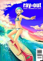 Rule 34 | 00s, 1girl, aqua hair, armpits, barcode, barefoot, bikini, blue hair, bowieknife, cloud, cover, cover page, eureka (eureka seven), eureka seven, eureka seven (series), feet, flower, foreshortening, hair ornament, hairclip, navel, ocean, pink eyes, purple eyes, ray=out, revision, short hair, sky, solo, sunset, surfboard, surfing, swimsuit, water, waves