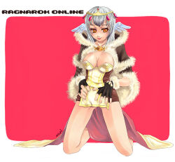 Rule 34 | 1girl, :p, areola slip, black gloves, blush, breasts, brown cape, brown dress, cape, closed mouth, clothes lift, copyright name, dress, dress lift, feathered wings, fingerless gloves, full body, fur-trimmed cape, fur-trimmed gloves, fur trim, gem, gloves, grey hair, head wings, high wizard (ragnarok online), kuboshun, layered dress, long hair, looking at viewer, medium bangs, medium breasts, orange eyes, ragnarok online, red background, red gemstone, short dress, signature, smile, solo, strapless, strapless dress, tiara, tongue, tongue out, two-tone background, two-tone dress, white dress, wings