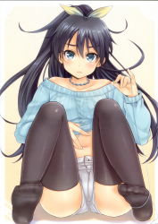 Rule 34 | 1girl, :&lt;, absurdres, black hair, black thighhighs, blue eyes, blush, courreges ace, fang, feet, ganaha hibiki, hair ribbon, highres, idolmaster, idolmaster (classic), jewelry, knees to chest, long hair, midriff, navel, necklace, no shoes, ponytail, ribbon, scan, short shorts, shorts, sitting, soles, solo, string, thighhighs, toes