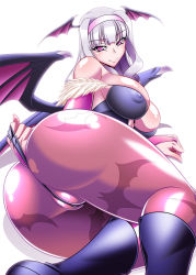 Rule 34 | 1girl, animal print, ass, bare shoulders, bat (animal), bat print, bat wings, blush, breasts, bridal gauntlets, cleavage, clothing cutout, commentary request, cosplay, covered erect nipples, demon girl, hairband, hamon ai, head wings, heart, heart cutout, idolmaster, idolmaster (classic), large breasts, leotard, long hair, looking at viewer, morrigan aensland (cosplay), naughty face, pantyhose, print pantyhose, purple eyes, purple pantyhose, shijou takane, silver hair, smile, solo, vampire (game), wings