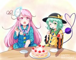 Rule 34 | 2girls, ajia (otya3039), blue shirt, blush, bow, bowtie, buttons, cake, checkered clothes, checkered shirt, commentary request, dress shirt, eating, food, frilled sleeves, frills, grass, green hair, hat, hat bow, hata no kokoro, heart, heart of string, komeiji koishi, long hair, long sleeves, lying, mask, multiple girls, on back, one eye closed, pink eyes, pink hair, purple bow, purple bowtie, shirt, tail, tail grab, third eye, touhou, yellow bow