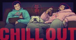 Rule 34 | 2boys, alcohol, bandaid, beer, billy butcher, bottle, character request, couch, denim, dog, english text, facial hair, highres, holding, holding bottle, hood, hoodie, jeans, keep calm and carry on, looking at viewer, male focus, mature male, multiple boys, mustache, on couch, pants, pink hoodie, profile, rainbow print, short hair, tetra (riotgogo 01), the boys, thick eyebrows