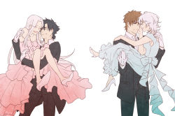 Rule 34 | 2boys, 2girls, bad id, bad pixiv id, bare shoulders, black hair, blue dress, brown eyes, brown hair, carrying, claudia hortensia, closed eyes, couple, dress, elbow gloves, emiya kiritsugu, fate/zero, fate (series), flat color, formal, gloves, hand on another&#039;s cheek, hand on another&#039;s face, hetero, high heels, husband and wife, irisviel von einzbern, kotomine kirei, long hair, multiple boys, multiple girls, open mouth, pink dress, pink gloves, princess carry, shinishi chiho, shoes, short hair, simple background, smile, strapless, strapless dress, suit, white background, white gloves, white hair