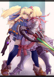 Rule 34 | 2girls, alexia lynn elesius, armor, armored dress, blonde hair, blue jacket, blue skirt, blue thighhighs, boots, bow, brown footwear, clarissa arwin, dress bow, frills, full body, gauntlets, gloves, green eyes, gun, hairband, holding, holding gun, holding sword, holding weapon, jacket, knee boots, long hair, looking at viewer, armored boots, multiple girls, pink bow, pink hairband, shoes, short hair, sidelocks, skirt, smile, standing, sword, thighhighs, twintails, weapon, white gloves, wild arms, wild arms xf, yude