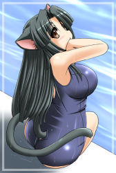 Rule 34 | animal ears, blue one-piece swimsuit, breasts, cat ears, cat tail, from above, large breasts, milk (tonpuu), one-piece swimsuit, original, school swimsuit, sitting, solo, swimsuit, tail, tonpuu