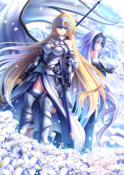 Rule 34 | 2girls, armor, armored boots, armored dress, banner, black legwear, blonde hair, blue eyes, boots, breasts, cleavage, dress, dutch angle, fate/grand order, fate (series), floating hair, flower, fur trim, gauntlets, highres, holding, holding weapon, jeanne d&#039;arc (fate), jeanne d&#039;arc (ruler) (fate), jeanne d&#039;arc (third ascension) (fate), jeanne d&#039;arc alter (avenger) (fate), jeanne d&#039;arc alter (fate), lens flare, long hair, looking back, medium breasts, multiple girls, sheath, silver hair, sleeveless, sleeveless dress, smile, standing, sword, thighhighs, toshi (1-147), very long hair, weapon, white dress, white flower, yellow eyes