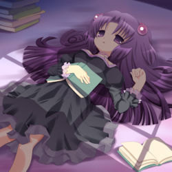 Rule 34 | 00s, 1girl, book, breasts, clannad, dress, hair bobbles, hair ornament, ichinose kotomi, long hair, lying, on back, open book, purple eyes, purple hair, solo, touko (tokotoko), two side up