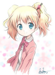 Rule 34 | 10s, 1girl, 2015, alice cartelet, artist name, blonde hair, blue eyes, blush, bow, bowtie, cardigan, dated, highres, kem kem, kin-iro mosaic, looking at viewer, signature, smile, solo, striped bow, striped bowtie, striped clothes, striped neckwear, twintails