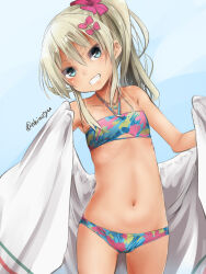 Rule 34 | 1girl, akino shuu, bikini, blonde hair, blush, bow, collarbone, commentary request, cowboy shot, grecale (kancolle), green eyes, grin, hair between eyes, hair bow, jewelry, kantai collection, long hair, looking at viewer, navel, necklace, official alternate costume, pink bow, smile, solo, swimsuit, twitter username