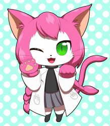 Rule 34 | 1girl, ;3, ;d, animal ears, braid, cat busters, cat ears, cat tail, chibi, female focus, full body, furry, furry female, green eyes, highres, kirby (series), kirbycherrimdm, lab coat, looking at viewer, neko hakase (cat busters), nintendo, no humans, one eye closed, open mouth, pink hair, pleated skirt, skirt, slit pupils, smile, socks, solo, standing, tail, twin braids, wink