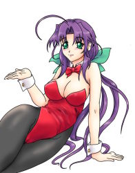Rule 34 | 1girl, ahoge, bow, bowtie, breasts, cleavage, d98, derivative work, green eyes, jpeg artifacts, large breasts, leotard, long hair, pantyhose, playboy bunny, purple hair, red leotard, solo, wrist cuffs