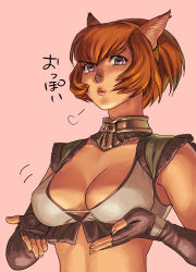 Rule 34 | 00s, 1girl, animal ears, breasts, cat ears, cleavage, final fantasy, final fantasy xi, fingerless gloves, gloves, hairband, lips, mithra (ff11), purple eyes, red hair, short hair, solo, yuccoshi