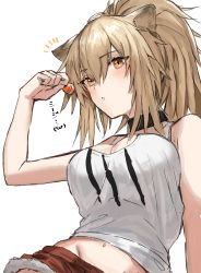 Rule 34 | 1girl, absurdres, animal ears, arknights, black collar, black jacket, breasts, brown eyes, candy, cleavage, collar, commentary request, food, grey shirt, groin, highres, holding, holding candy, holding food, holding lollipop, horn/wood, jacket, large breasts, lion ears, lollipop, long hair, looking at viewer, navel, off shoulder, open clothes, open jacket, open mouth, orange hair, red shorts, shirt, shorts, siege (arknights), solo, tank top, translation request, upper body, white background, white tank top