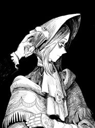 Rule 34 | 1girl, black background, bloodborne, bonnet, capelet, cloak, commentary, crossed arms, doll joints, floral print, from side, greyscale, hand up, hat, highres, joints, kuropin, long sleeves, monochrome, plain doll, profile, solo focus, upper body