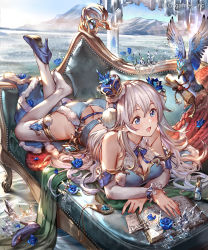 Rule 34 | 1girl, 77gl, bare shoulders, bird, blue eyes, book, breasts, butt crack, cleavage, crown, fantasy, flower, hair flower, hair ornament, high heels, large breasts, long hair, lying, mini crown, on stomach, open book, open mouth, petals, rose, rose petals, shingeki no bahamut, solo, thighhighs, white hair